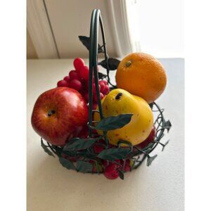 Wire Basket With Artificial Fruit Set - Strawberries Apples Orange Pear Grapes